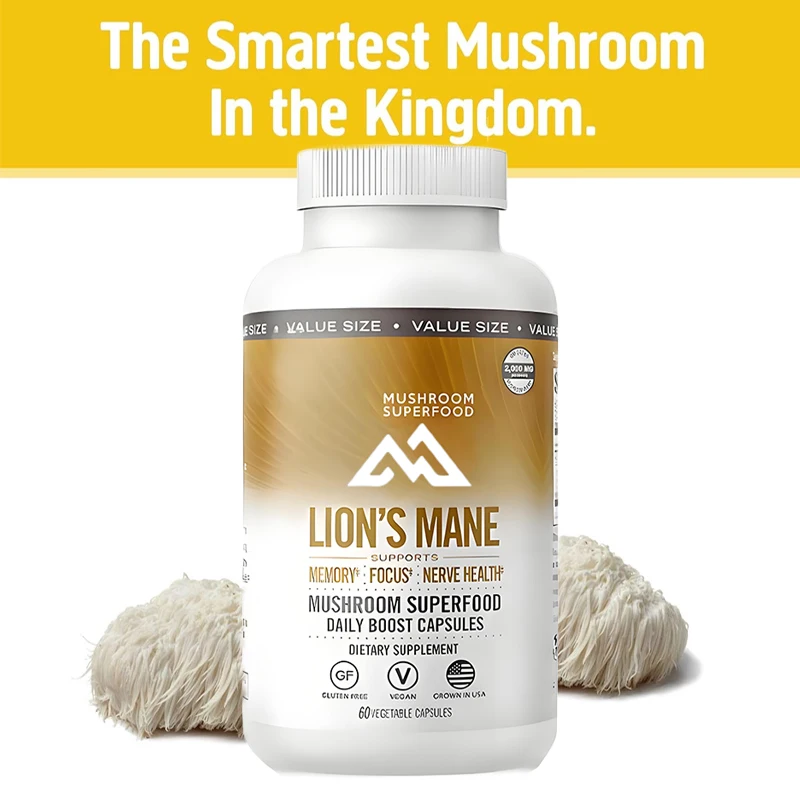 Lion's Mane Mushroom Capsules Super Food Supplement, 60 Fruit Bodies for Memory Support, Focus, Clarity, Creativity