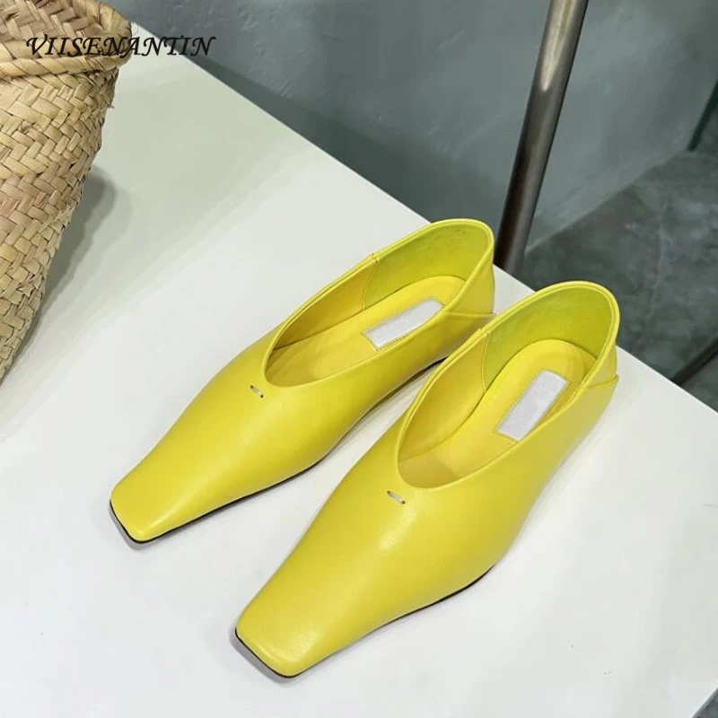 Fashion Women Flat Shoes Yellow Leather Slip on Lazy Mules Luxury Chic Fashion Squared Toe Autumn Leather Loafers Single Shoe