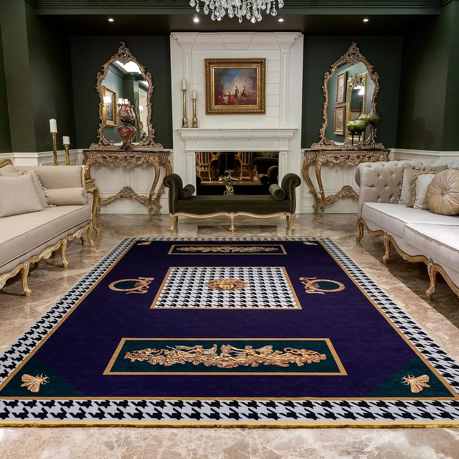 Living Room Carpet Machine Washable Non-slip Luxury Vintage Purple Medal Floor Mat Bedroom Bedside Rug Long Size Home Decor Rugs