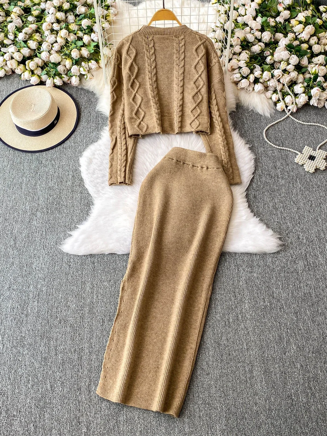 Set maglione coreano chic lavorato a maglia ort rotondo Ne con gonna a fessura Ele, comodo vestibilità ampia, autunno Faion