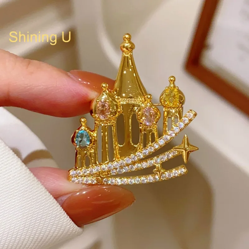 Shining U Gold Color Fantasy Castle Brooch for Women Men Fashion Accessory Gift