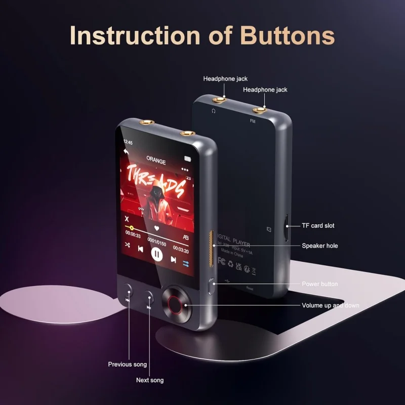 مشغل MP3 سعة 128 جيجابايت (مع بلوتوث 5.3)، مشغل موسيقى محمول بشاشة لمس كاملة 2.4 بوصة (مع مكبرات صوت وفتحة لبطاقة Micro SD)