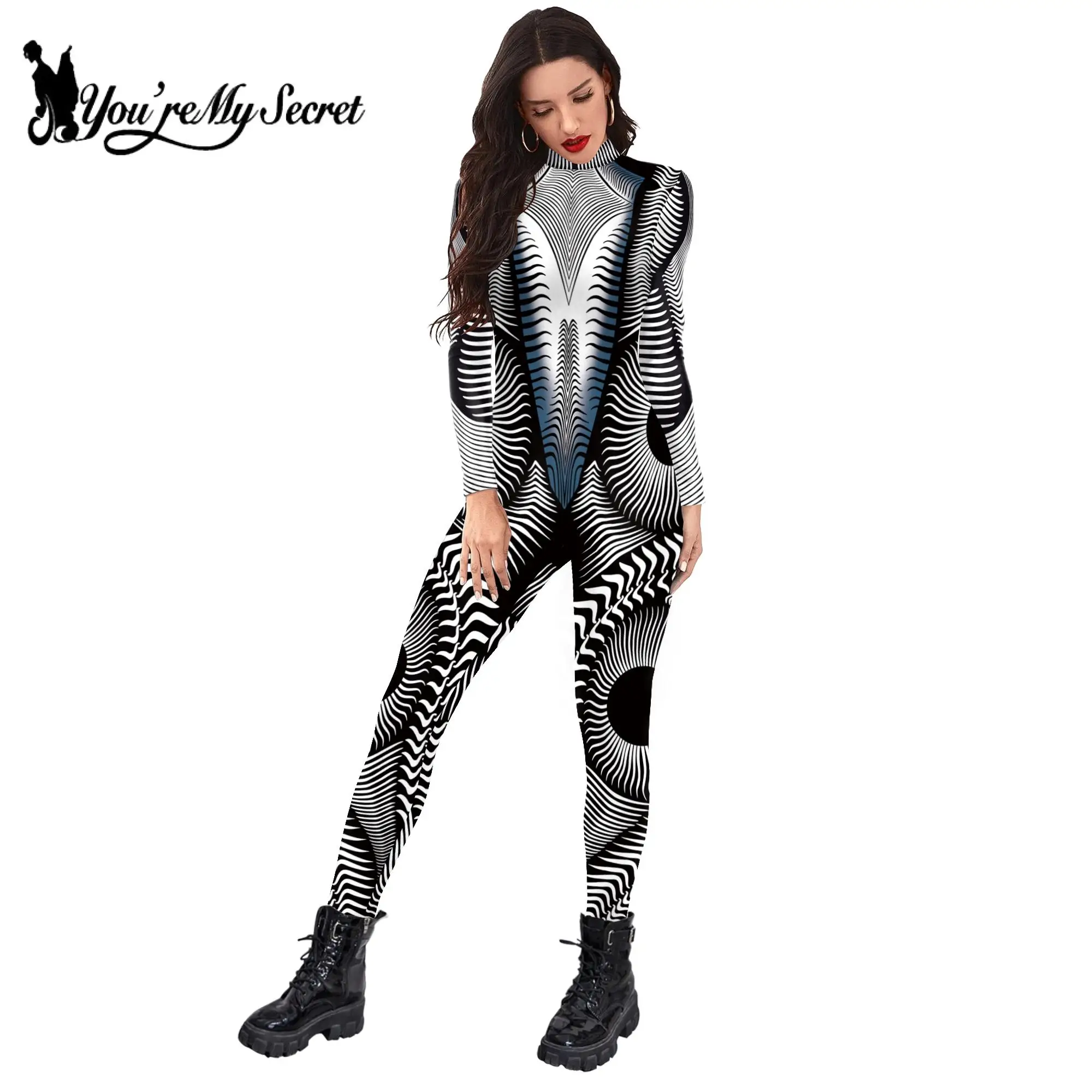 [Sei il mio segreto] donna uomo Skinny Zebra Stripe stampa tuta elastica Halloween Party costumi Cosplay Fancy Outfit Catsuits