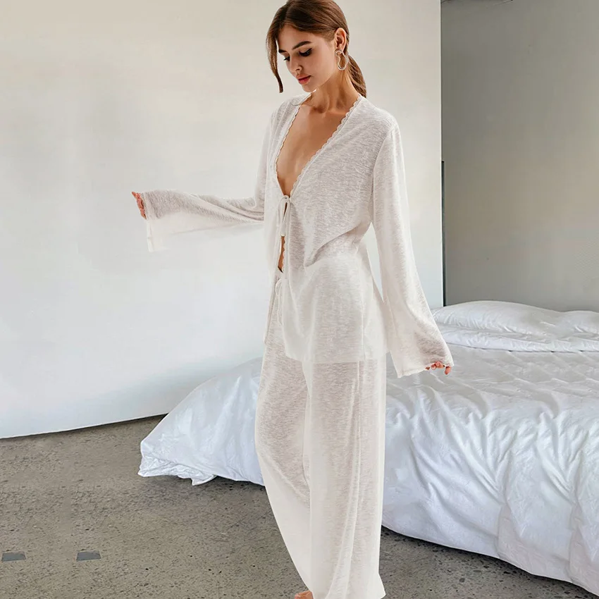 Ensemble de pyjama cardigan Fjadt blanc à manches longues, vêtements de nuit d'automne, vêtements de maison, 2 pièces