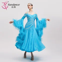 B-24039 Custom High Quality Blue Satin Chiffon Ballroom Dancing Dress New Rhinestone Standard Performance Wear Long Ballroom