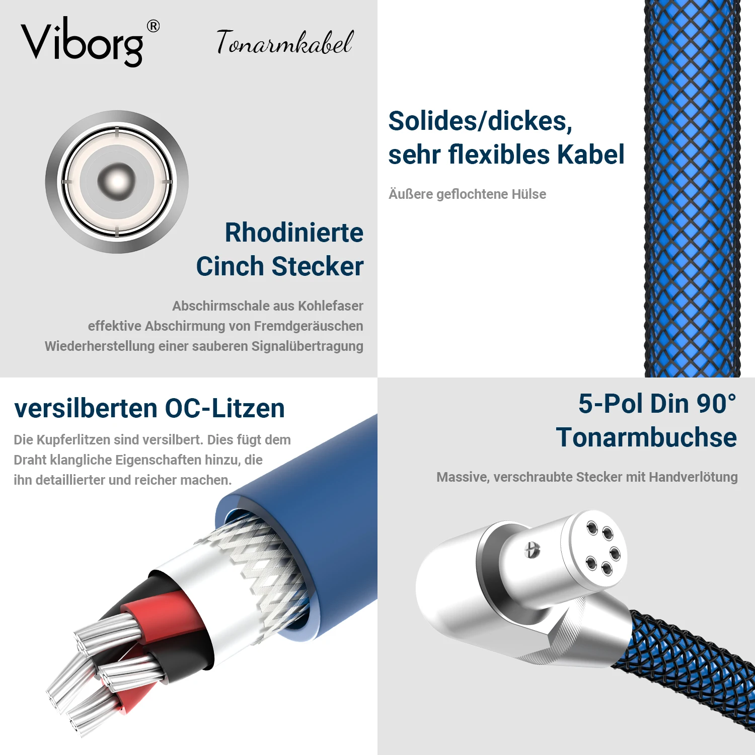 Viborg-アナログトーンアームケーブル,直角,5ピン,DIN,XLR,フォノ,ターンテーブル,OFC,銀メッキ,高品質,lc803