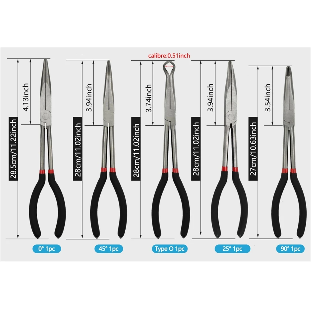 5PCS 11 Inch Long Reach Pliers Set Auto Repair Hand Tool with Storage Bag 0°/25°/45°/90° Curved Nose Pliers O Ring Pliers