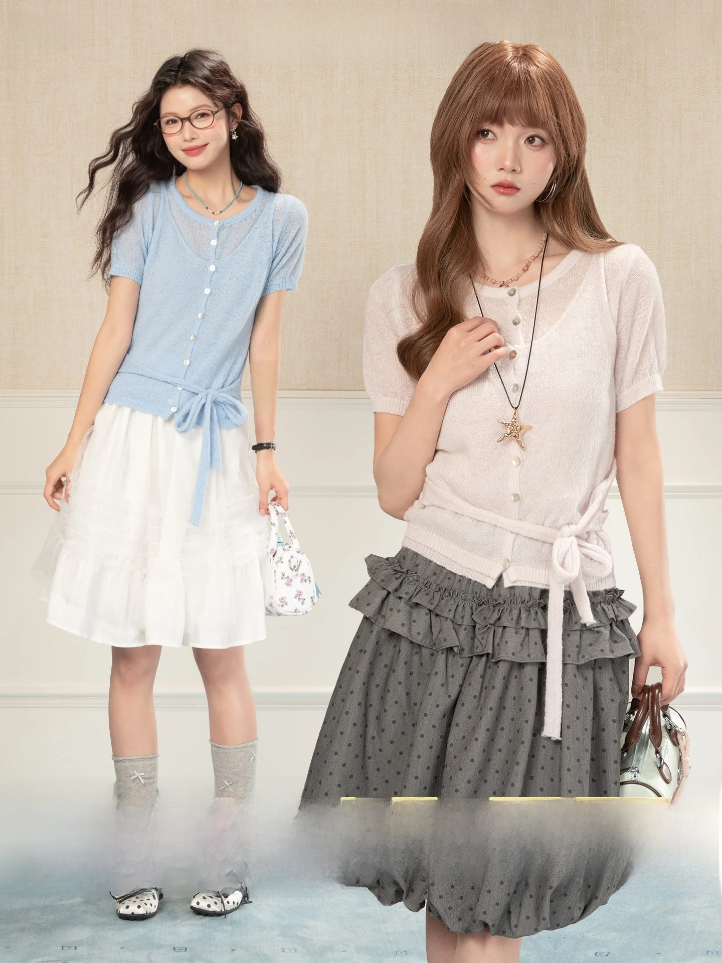 

Heynew Gentle Wind Lazy ort Sve Knitted Sweater Belted Strap Vest Two Piece Set Women Spring Collection Button Detail ro...