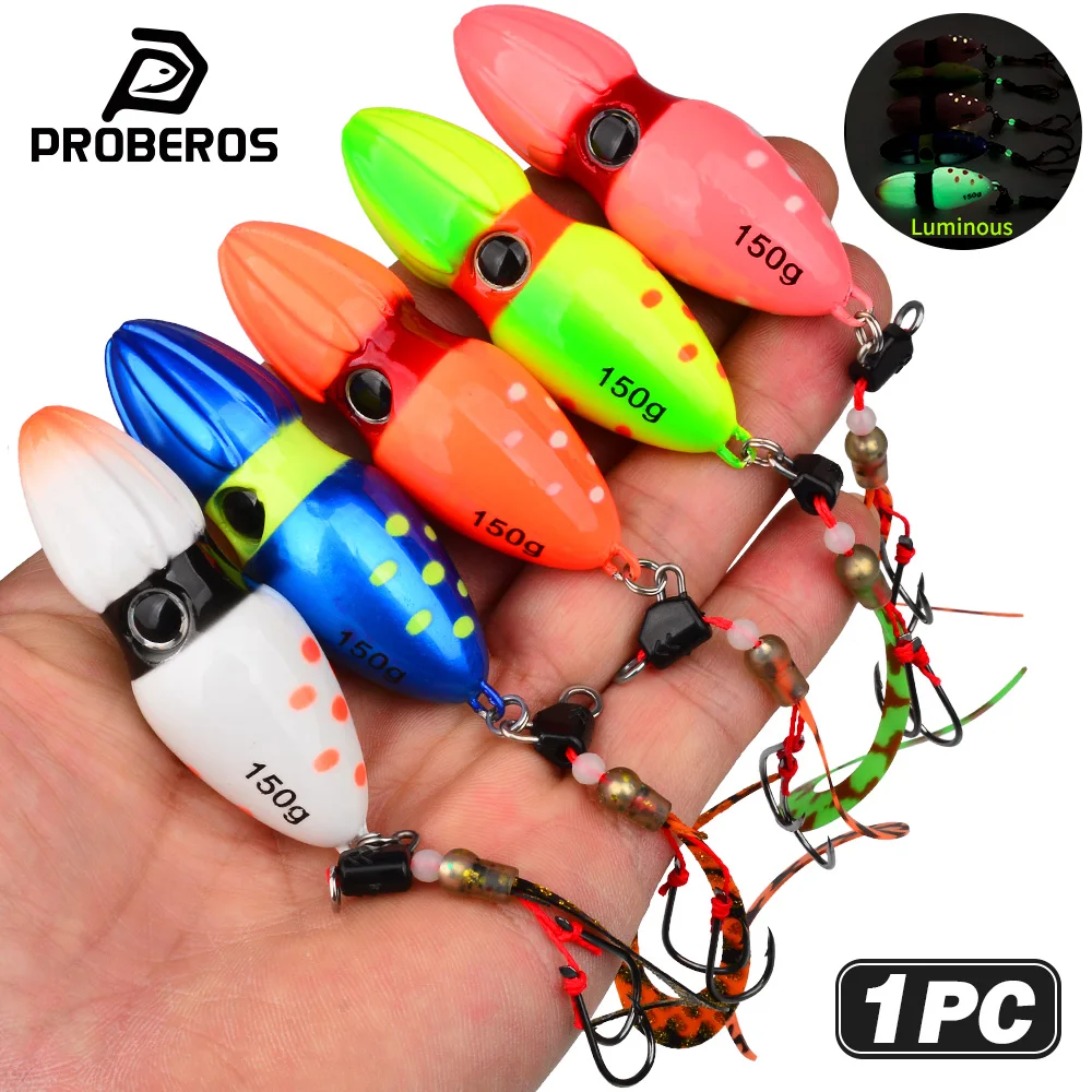 PROBEROS 1PC Jig Deslizante Tipo Calabaza para Pesca en Agua Salada, Cabeza de Jig Lenta con Anzuelo de Mariposa y Falda, Cebo Luminoso para Pesca