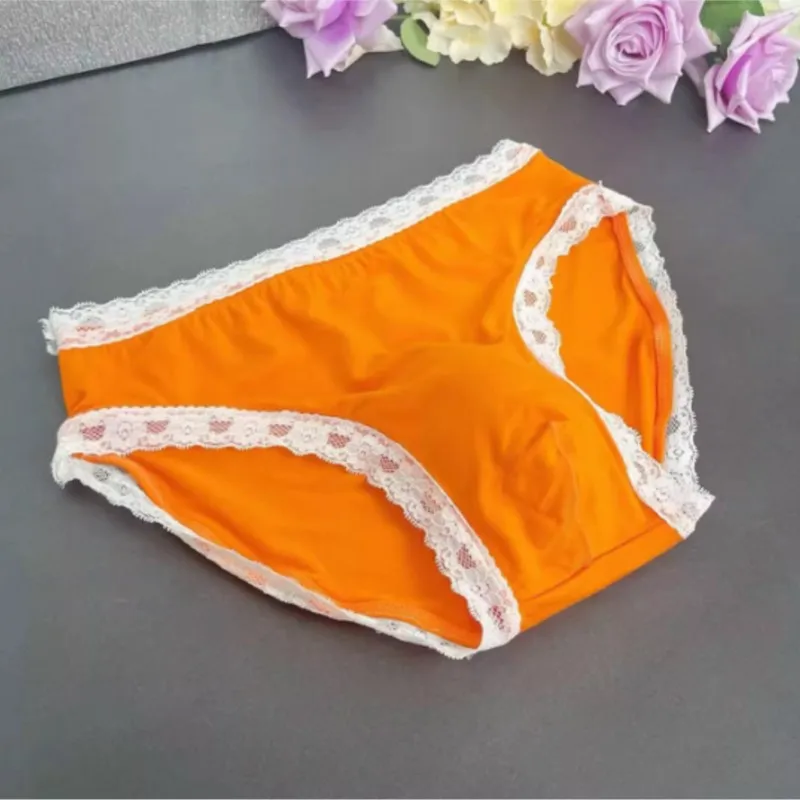 Men's Sexy Lace Trim Milk Silk Underwear Soft Silky Skin Friendly Cute Japanese Korean Briefs Ice Silk Intimates Soft Panties