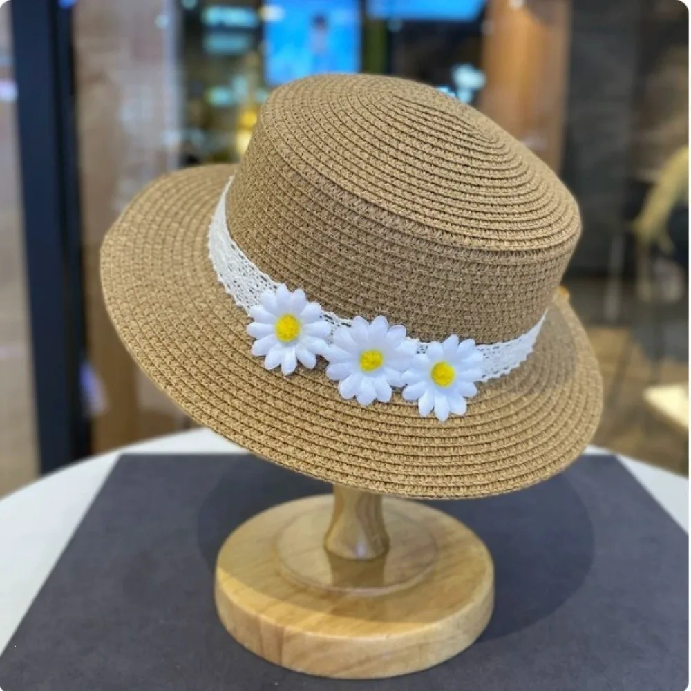 

Small Daisy Children Beach Straw Hat Wide Brim Sun Protection Straw Bag Cap Set Lace Solid Color Sunscreen Sunshade Hat