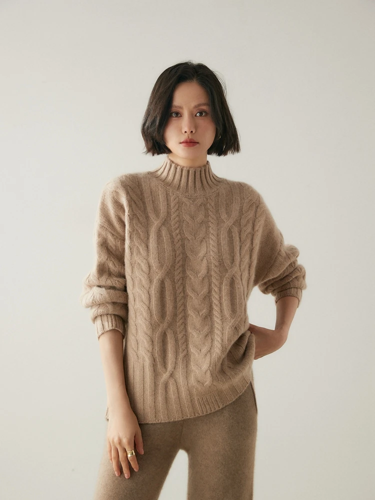 

Women Thick Pullover Casual Loose 100% Merino Wool Knitted Sweater Autumn Winter Cable Stitch Retro Mock Neck Clothing Tops