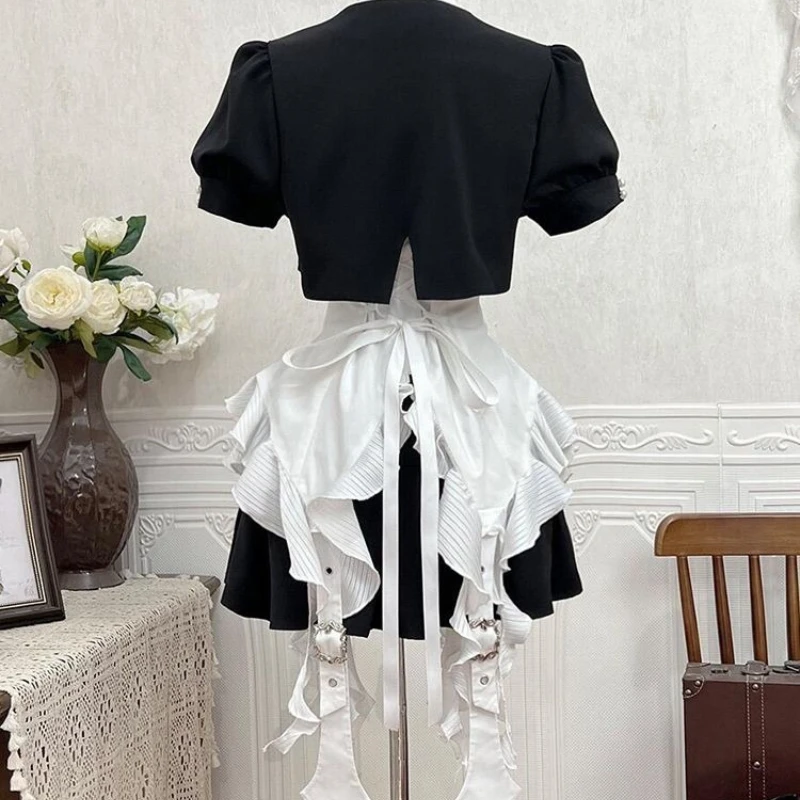 Japanese Gothic Lolita Jirai Kei 3 Piece Set Women Sweet Cross Ruffle Irregular Hem Crop Top High Waist Mini Skirt Y2k Slim Suit