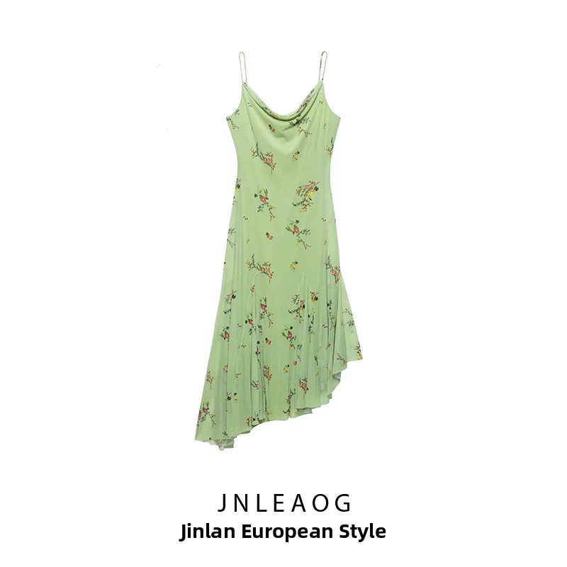 Spring New Arrival Women's Midi Dress Floral Print Silk Mesh Windy Season High Waist Irregular Hemline Sleeveless Casual H-Shape