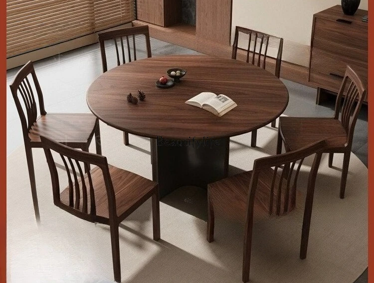 

Black walnut solid wood dining table household small apartment round table
