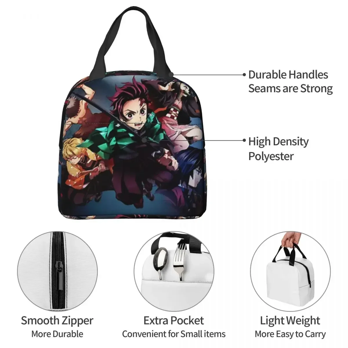 Anime Demon Slayer Kamado Tanjirou Insulated Lunch Bags Leakproof Picnic Bags Thermal Lunch Box Lunch Tote for Woman Work Kids