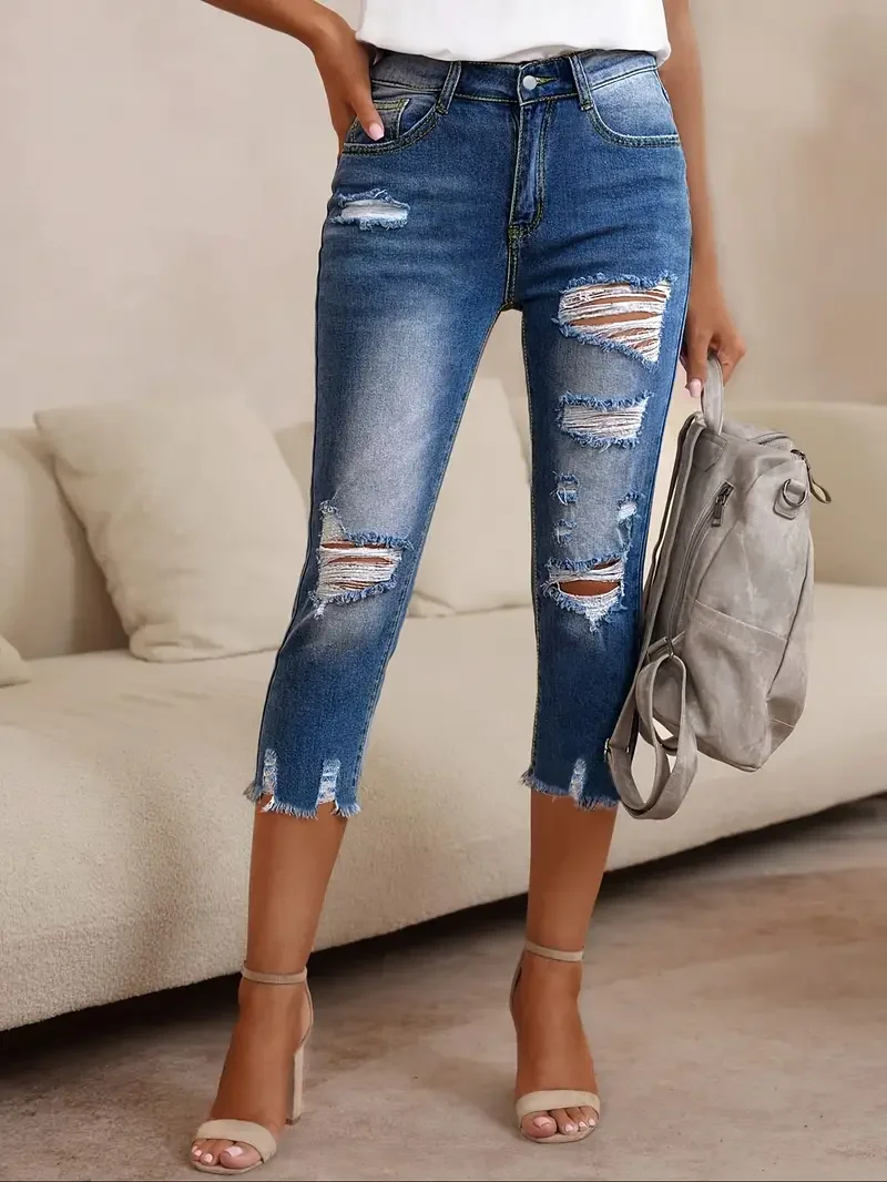 Women Stretchy Button Jeans Ripped Raw Hem Casual Capri Jeans