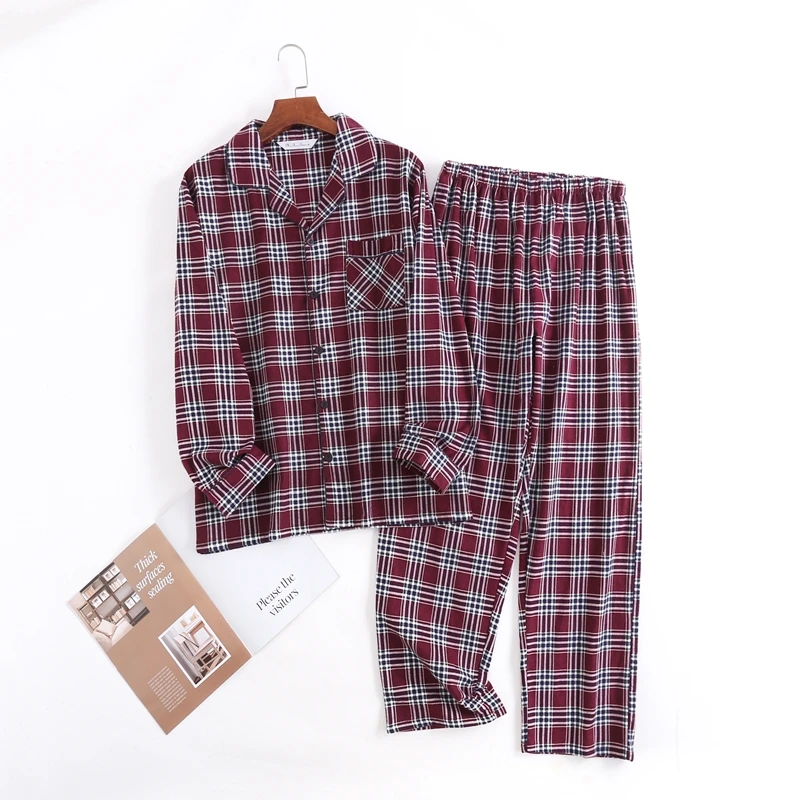 Casual Plaid Print Lounge Set Long-Sleeve Lapel Top And Long Pants Loose Relaxed For Men's Trendy Nightshirt Homewear Fit Summer