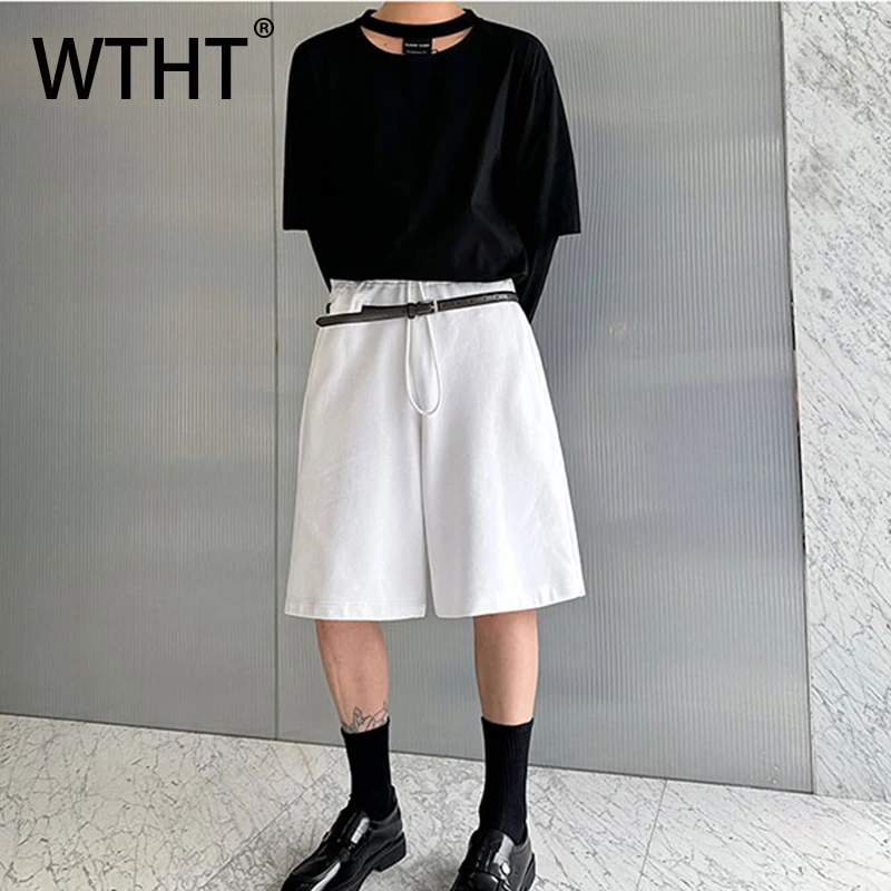 

WTHT Fashion Men's Solid Color Draw Belt Design Casual Shorts Trendy Elastic Waist Wide Leg Short Pant Male 2025 Summer 2A1384