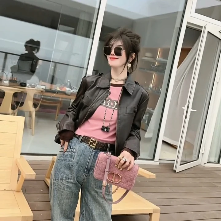 Daitong Skórzana Kurtka Damska z Naturalnej Skóry, Kurtka Motocyklowa z Kwadratowym Kołnierzem, Nowa Skórzana Kurtka z Cielęcej Skóry Sle eepskin na Rok 2023