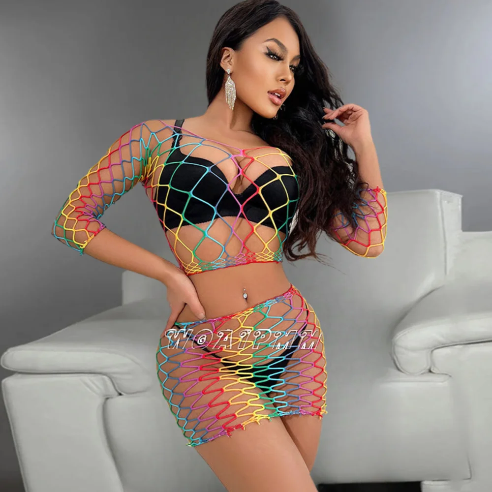 Ladies Rainbow Color Fishnet Bodycon Beach Dress Women Casual Short Skirt Erotic Mesh Hollow See Through Jumpsuit Nightdress