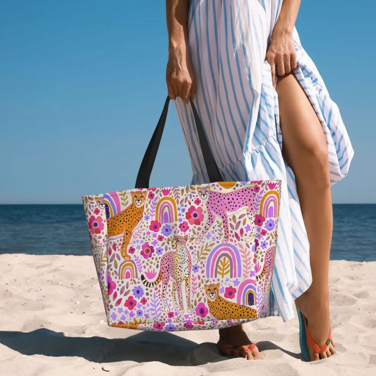 

Cheetah's In A Rainbow Beach Tote Bag Sport Gym Yoga Duffle Large Tote Bag Women Travel Bag Fitness bag