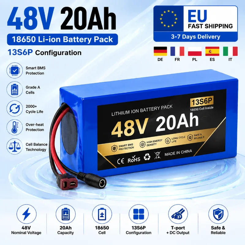 48V 20Ah Lithium-Ionen-Akku 13S6P 18650 Zellen E-Bike-Akku Hochkapazitäts-Wiederaufladbarer Li-Ionen-Akku mit Smart BMS-Schutz XT60 JST-Anschluss für Elektrofahrräder und -Roller EU-Lager Schneller