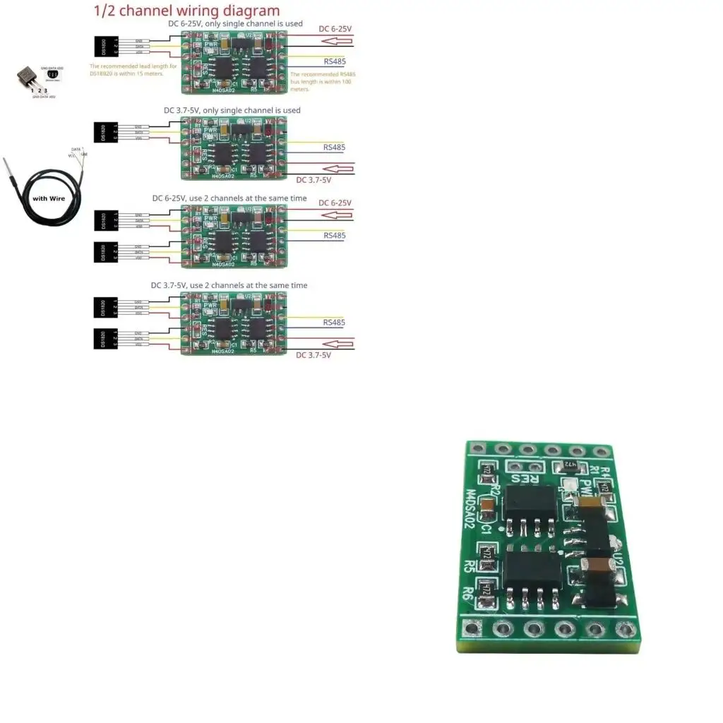  2CH RS485 Digital Temperature Collector DS18B20 Sensors 5V 12V 24V Modbus