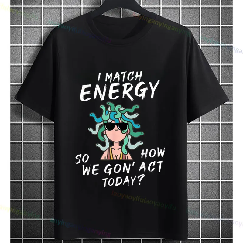 تي شيرت نسائي برسومات "I Match Energy" مع طباعة وجه ممتع ومبهج وأكمام قصيرة من القطن الخالص مثالي للارتداء الكاجوال