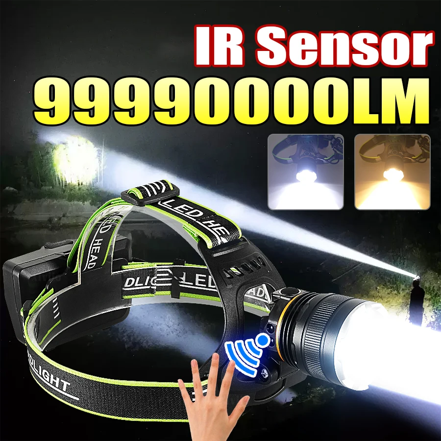 

99990000Lux Супер мощный светодиодный налобный фонарь Супер яркий дальний налобный фонарь 5000 м Перезаряжаемый налобный фонарь Рыбалка Охота