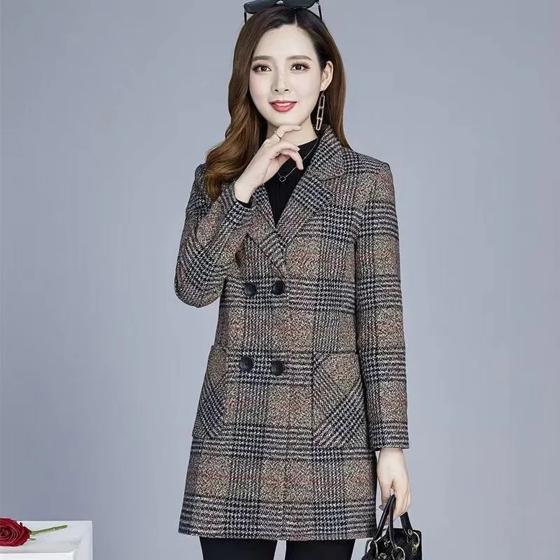 New Autumn Winter Women's Plaid Woolen Coat Mid-length Casual Female Jackets Double breasted Outerwear Ladies Jacket Overcoats