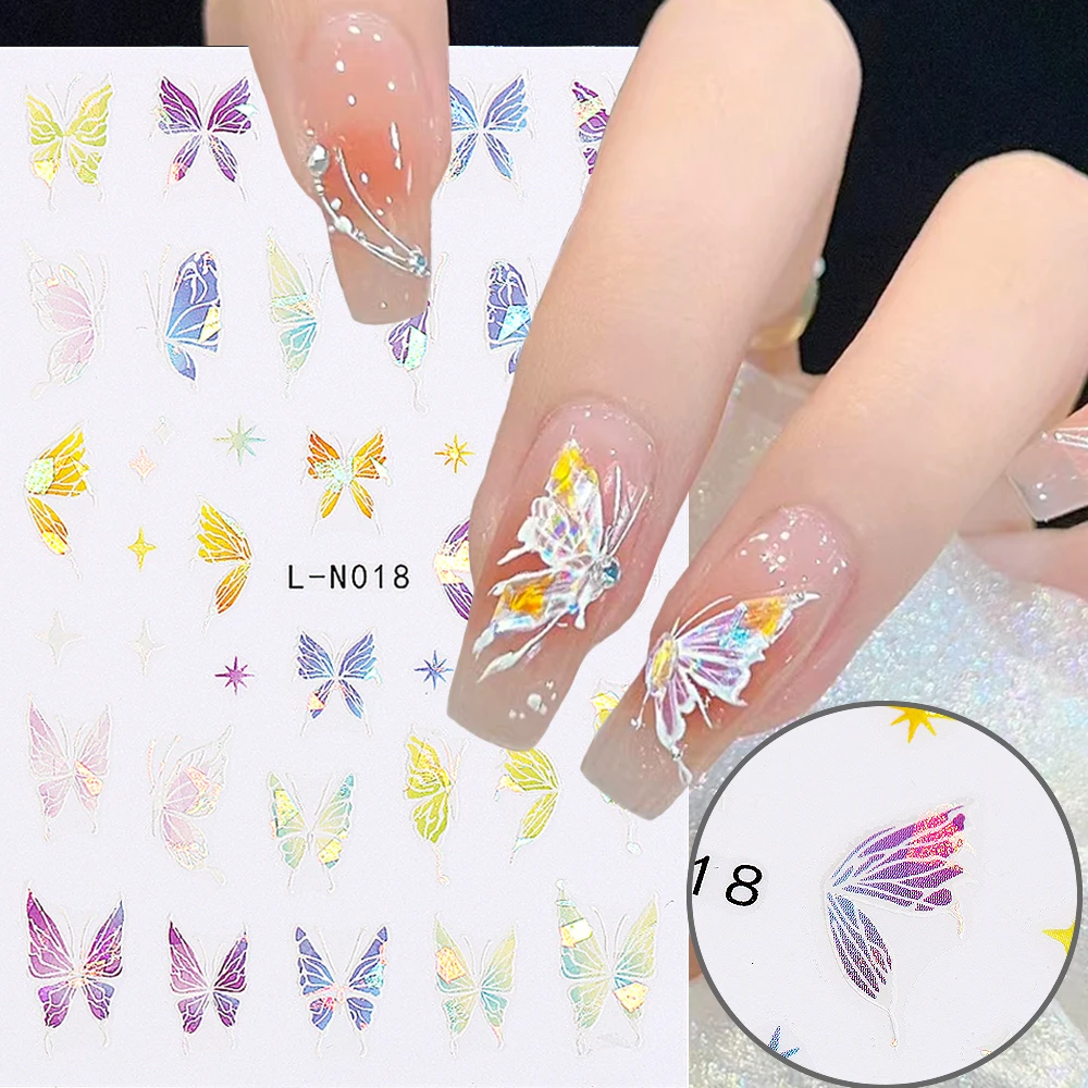 3d colorido borboleta unhas adesivos, holográfico, efeito laser, asas de fada, floral, decalques, coreano manicure decoração envoltórios, ntl-n018