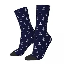 Autumn Winter Crazy Design Unisex White Anchor On Navy Blue Socks Sweat Absorbing Soccer Socks