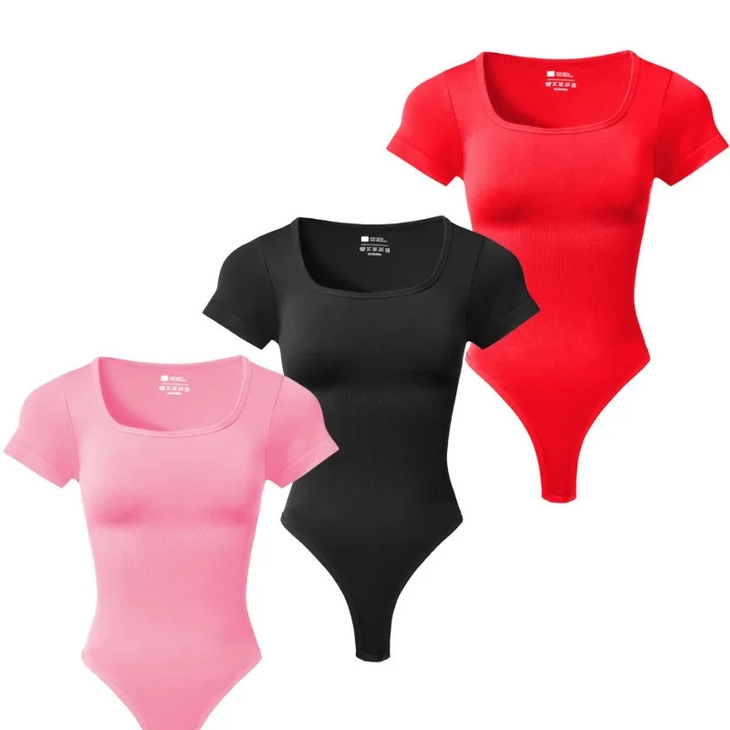 Women Plus Size Yoga Jumpsuit Seamless Square Neck T-shirt High Elastic Workout Running Sport Jumpsuit Solid Ribbed Jumpsuit Top
