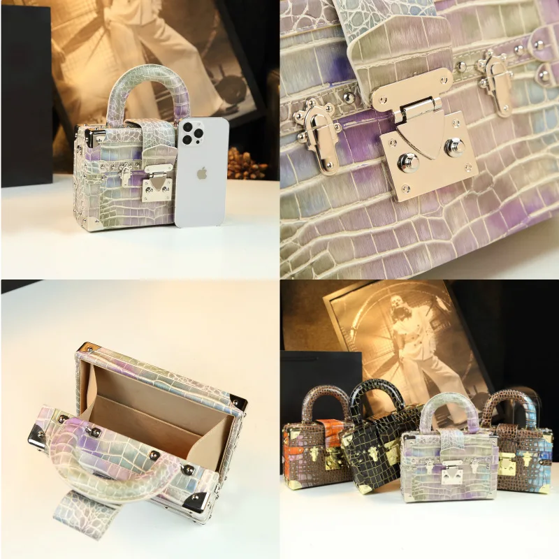 Sac de luxe à motif de pierre pour femmes, en cuir véritable imprimé Crocodile, Mini poignée supérieure, sac à bandoulière de forme géométrique Unique