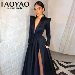 Black A Line Evening Dresses Simple Side Split Dresses for Prom Satin V-Neck Long Sleeves Sweep Train Prom Dresses فساتين السهرة