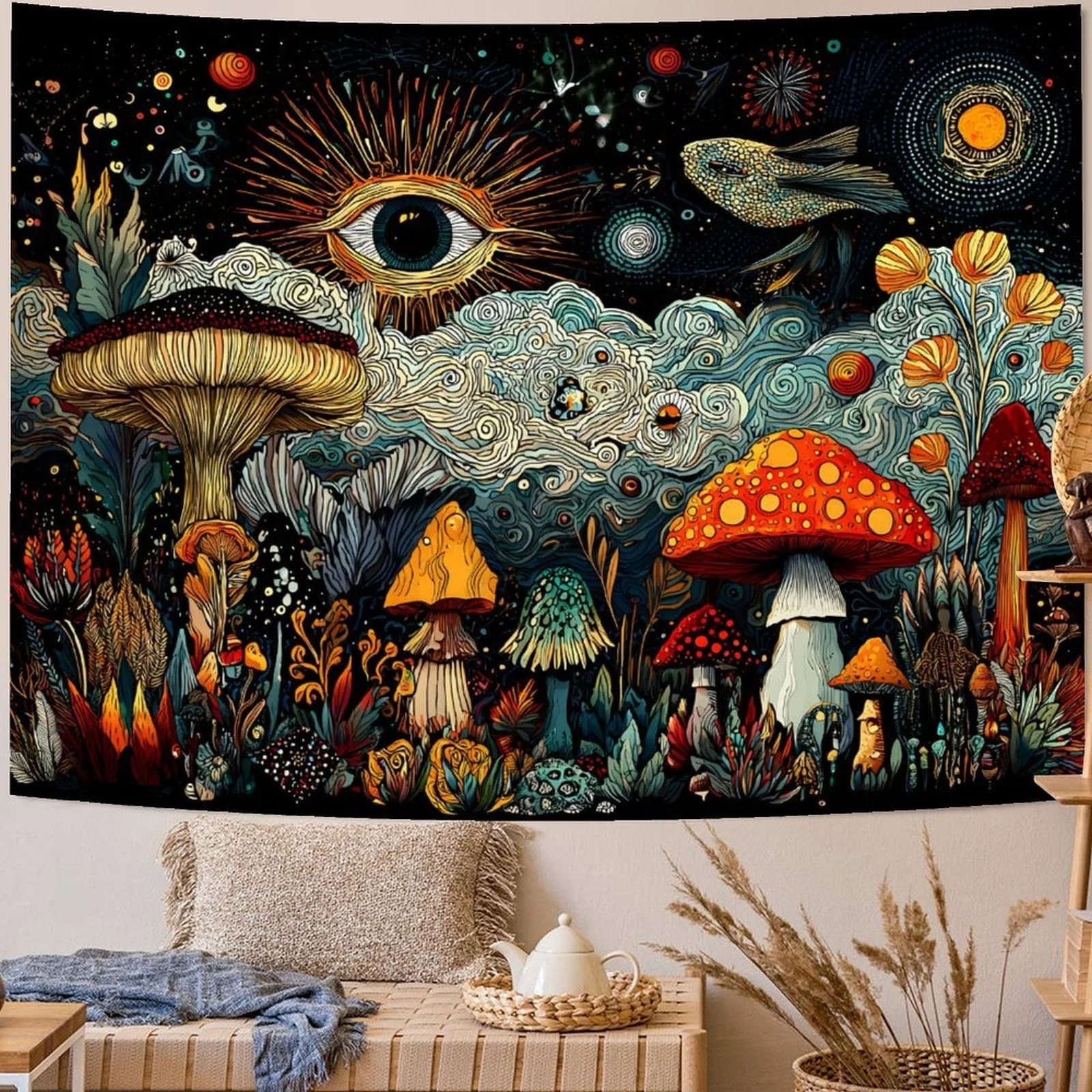 VIKAMA Wandteppich mit Pilzenpflanzen, Hippie-Wandteppich, Schlafzimmer, niedlicher Wandteppich, Schlafsaal, Wohnzimmer, Wandbehang