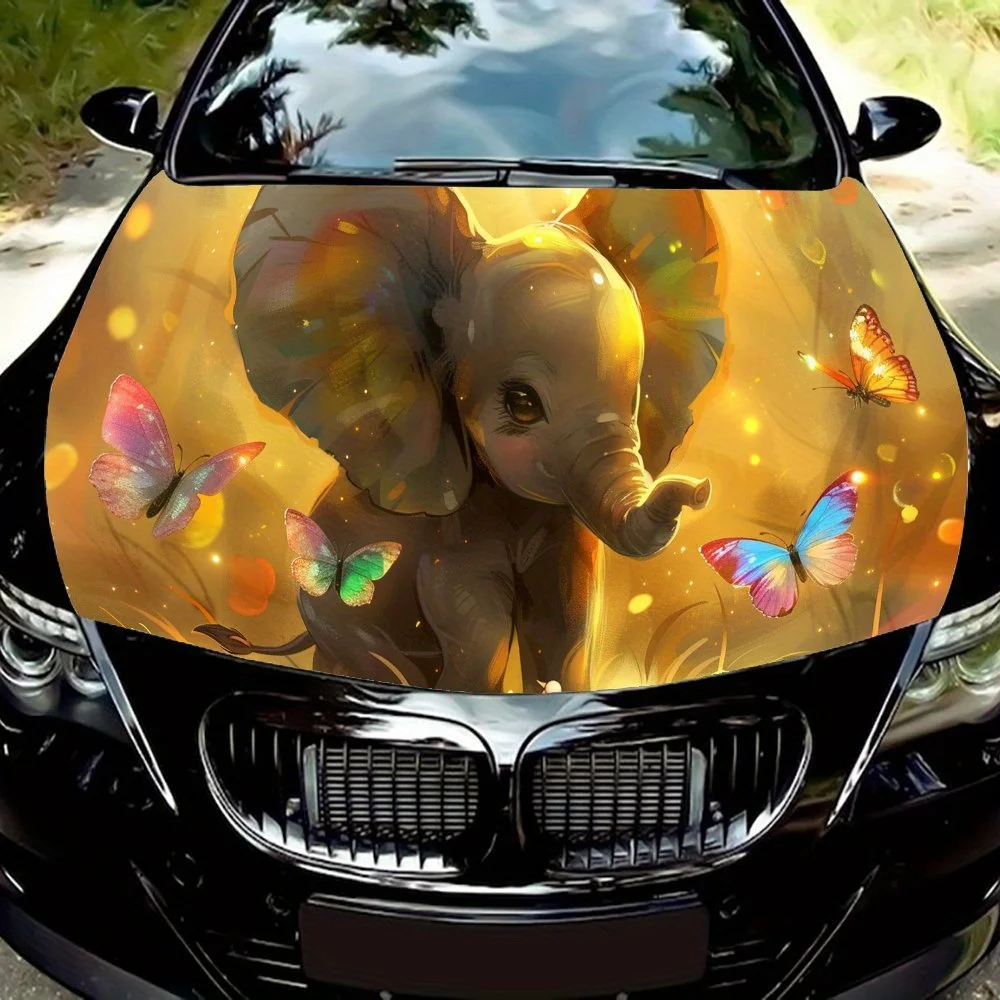 

Простые в установке наклейки на капот автомобиля с блестящим рисунком слона — автомобильные виниловые обертывания, конструкция без пузырей, водонепроницаемая, легко самоклеящаяся