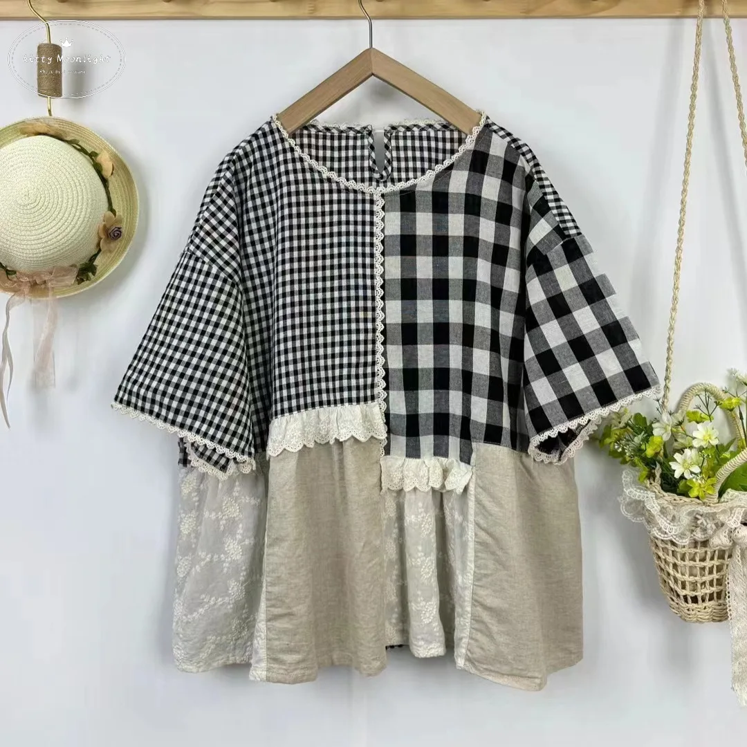 Vintage Embroidery Lace Patchwork Plaid Shirt Women New Summer Japanese Mori Girl Kawaii Short Sleeve Cotton Linen Blouse Female