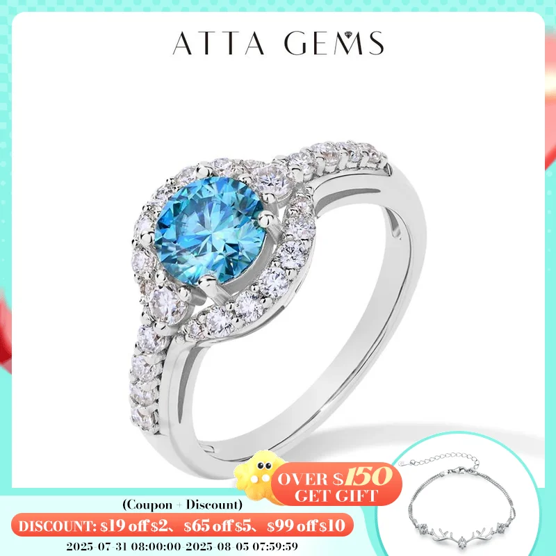 

ATTAGEMS 1.0CT Round Cut Blue Moissanite Rings for Women Angel Eye S925 Silver 18K Gold Plated Engagement Wedding Party Gift New