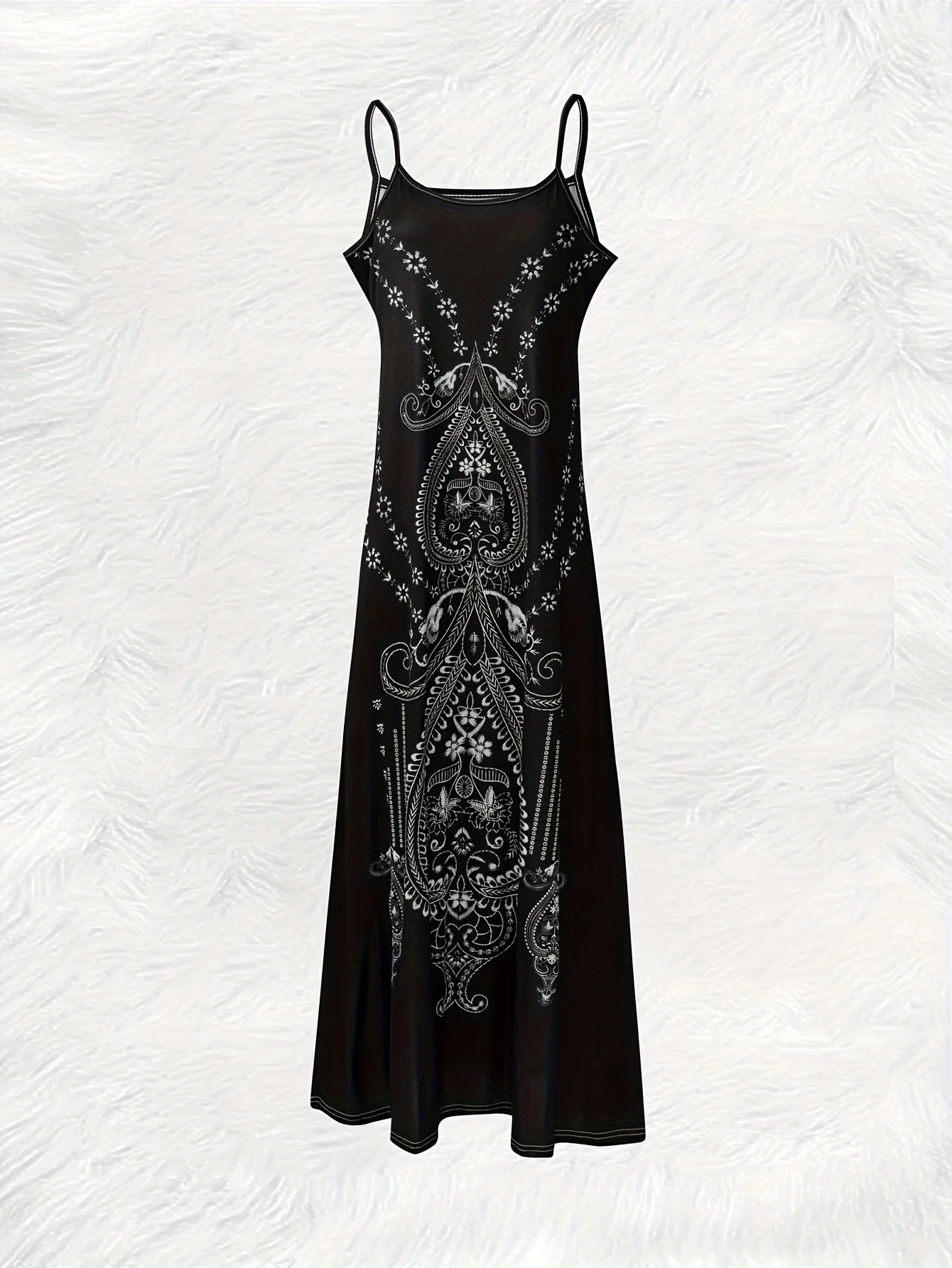 Printed Design summer vacation style Black And White Paisley Pattern pattern content round neck spaghetti strap dress view 3