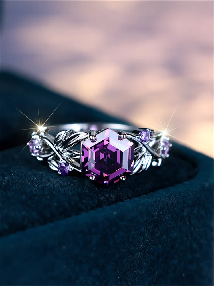 Hohe wunderschöne lila eingelegte sechseckige Zirkon Twist Ring Mode Silber Farbe zierliche Vintage Hochzeit Ringe für Frauen Schmuck Geschenk – Detail 4
