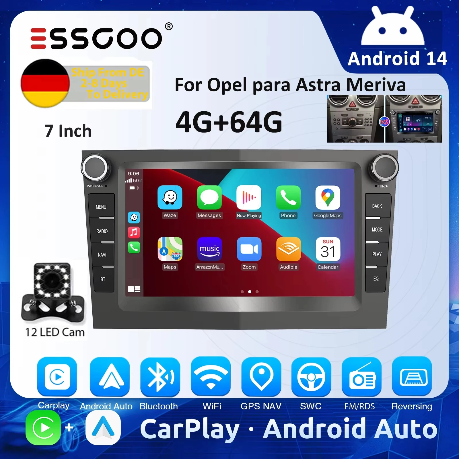 ESSGOO Android 14-Autoradio, kabelloses CarPlay für Opel Astra Vectra Vauxhall Antara Zafira Corsa C D Vivaro Meriva Auto ﻿