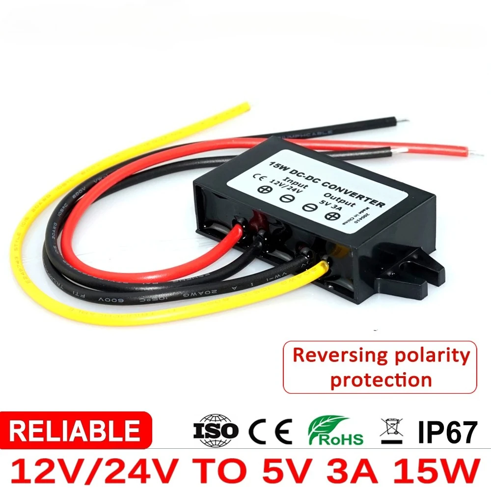 12V 24V to 5V 3A 5A 10A DC DC Step Down Converter 50W 24 12 Volt Buck to 5 Volt Regulator Power Supply for Cars LED Waterproof