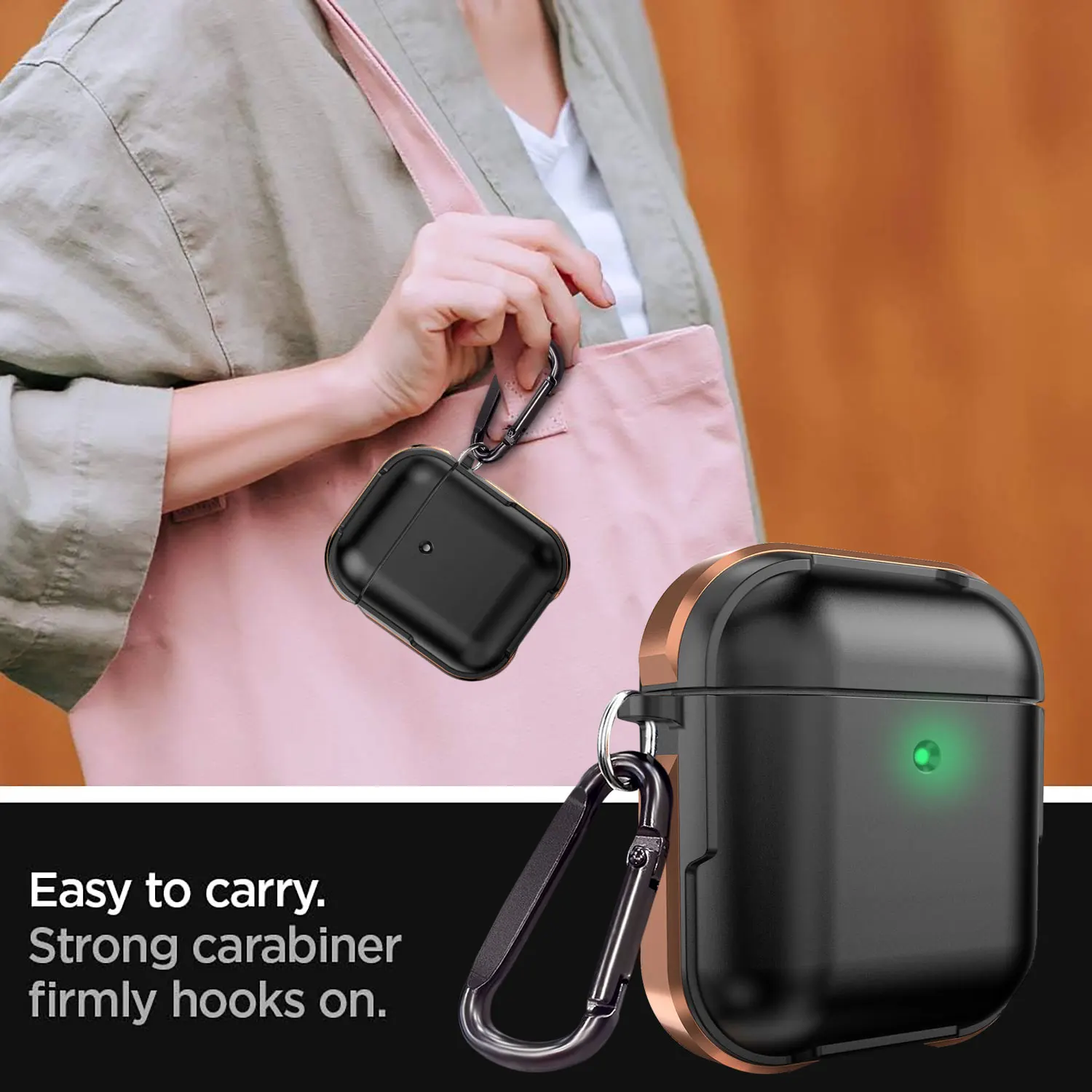 

Золотой чехол для AirPods 1-го/2-го поколения, ударопрочный, защитный, гибридный, прочный, с крючком для ключей