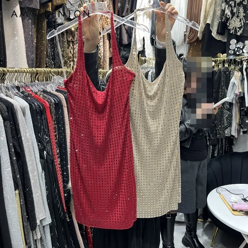 

Уникальный дизайн, блестящие стразы, однотонное сетчатое платье-халтер без спинки, облегающее платье для ночного клуба, сексуальное платье, модный бренд, Y2K, Vestidos