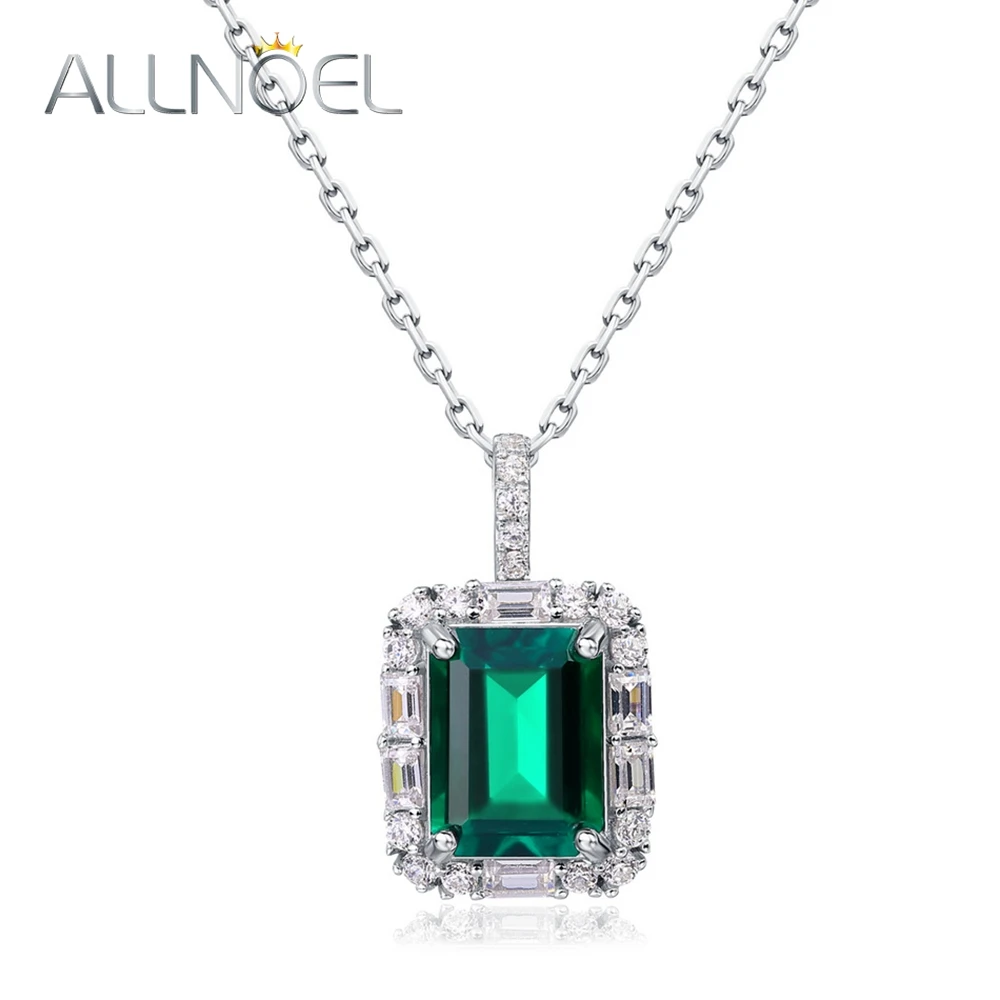 ALLNOEL Original 925 Silver Pendant Necklace For Women 6*8mm Lab Created Emerald Classic Luxury Gifts Jewelry Free Shipping