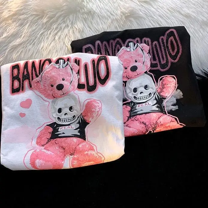 تي شيرت النساء فاسق Y2k بلايز الكرتون الدب تي شيرتات قصيرة الاكمام للرجال والنساء المد فضفاض الاتجاه زوجين Kawaii الملابس Harajuku