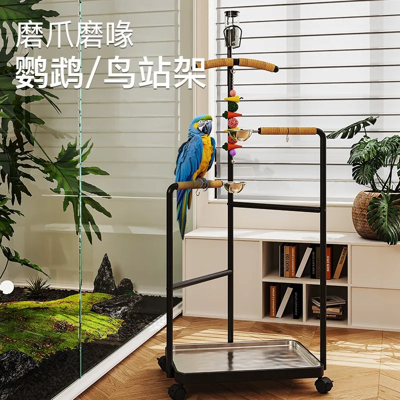 Parrot bird stand wrought iron stainless steel drinking water feeding washable tray