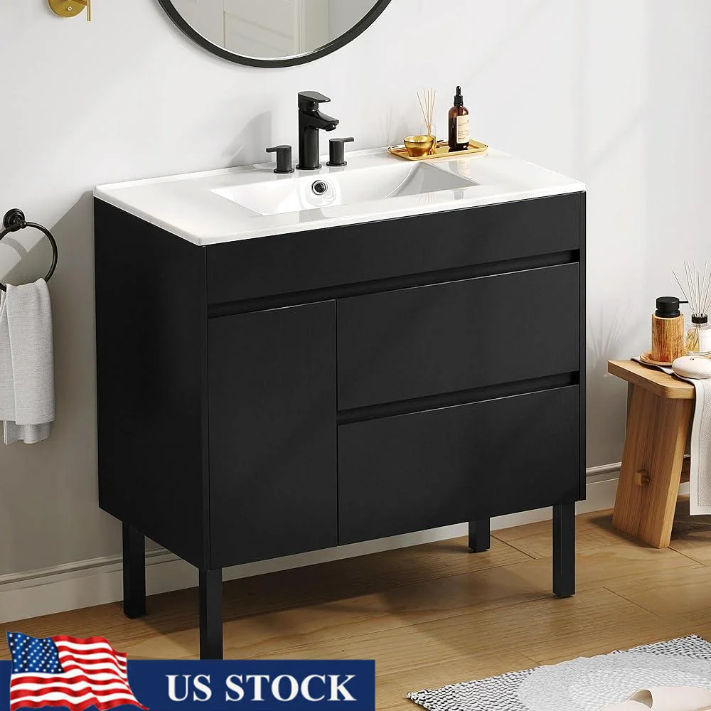 36 Inch Bathroom Vanity Cabinet with Undermount Ceramic Sink Storage Drawers Hooks Adjustable Feet Moisture Resistant Easy